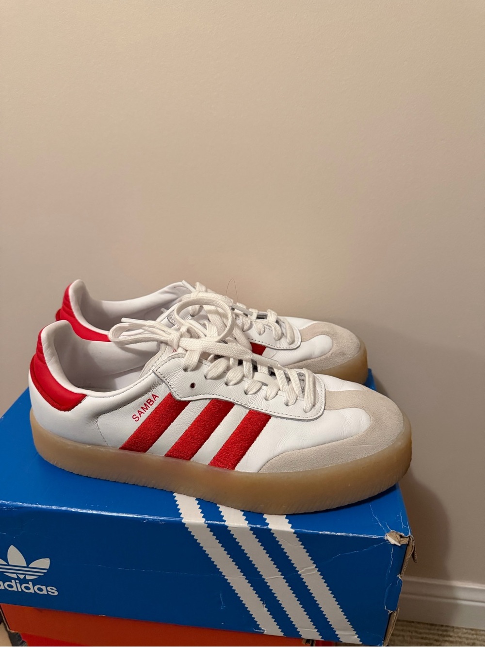 adidas womens Sambae Sneakers - White with Red and Gum Sole